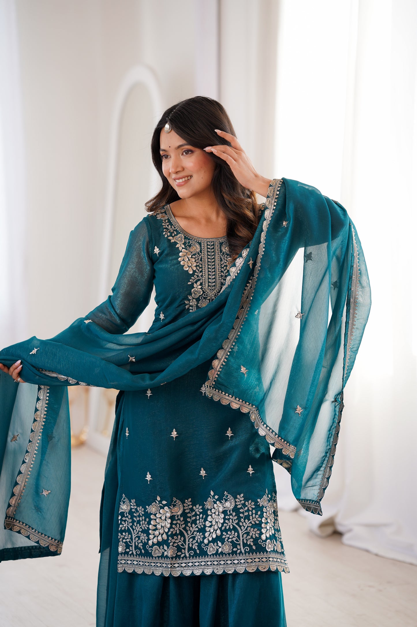 Embroidered Silk Kurta Palazzo Set with Dupatta