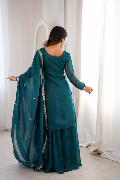 Embroidered Silk Kurta Palazzo Set with Dupatta