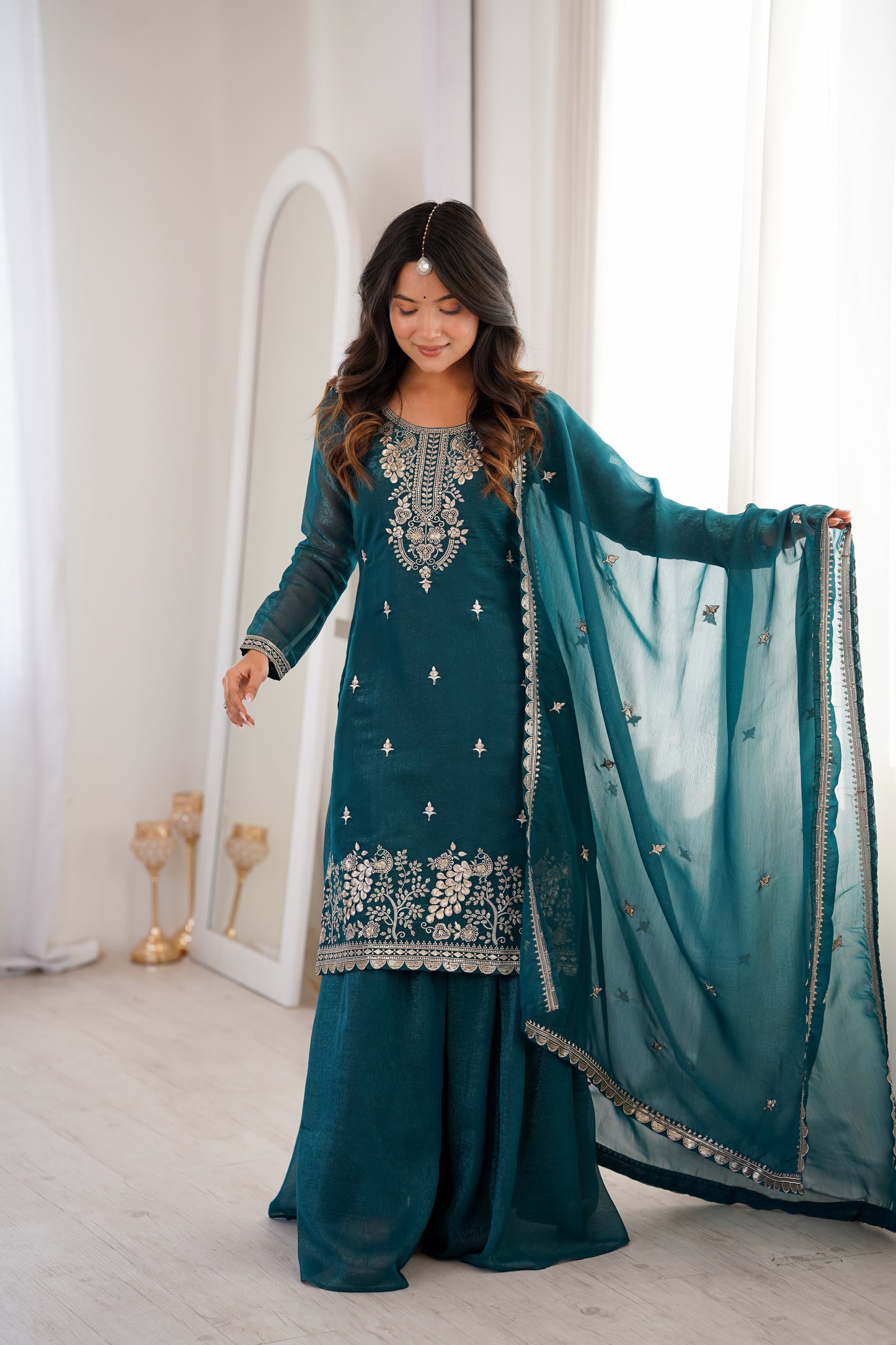 Embroidered Silk Kurta Palazzo Set with Dupatta