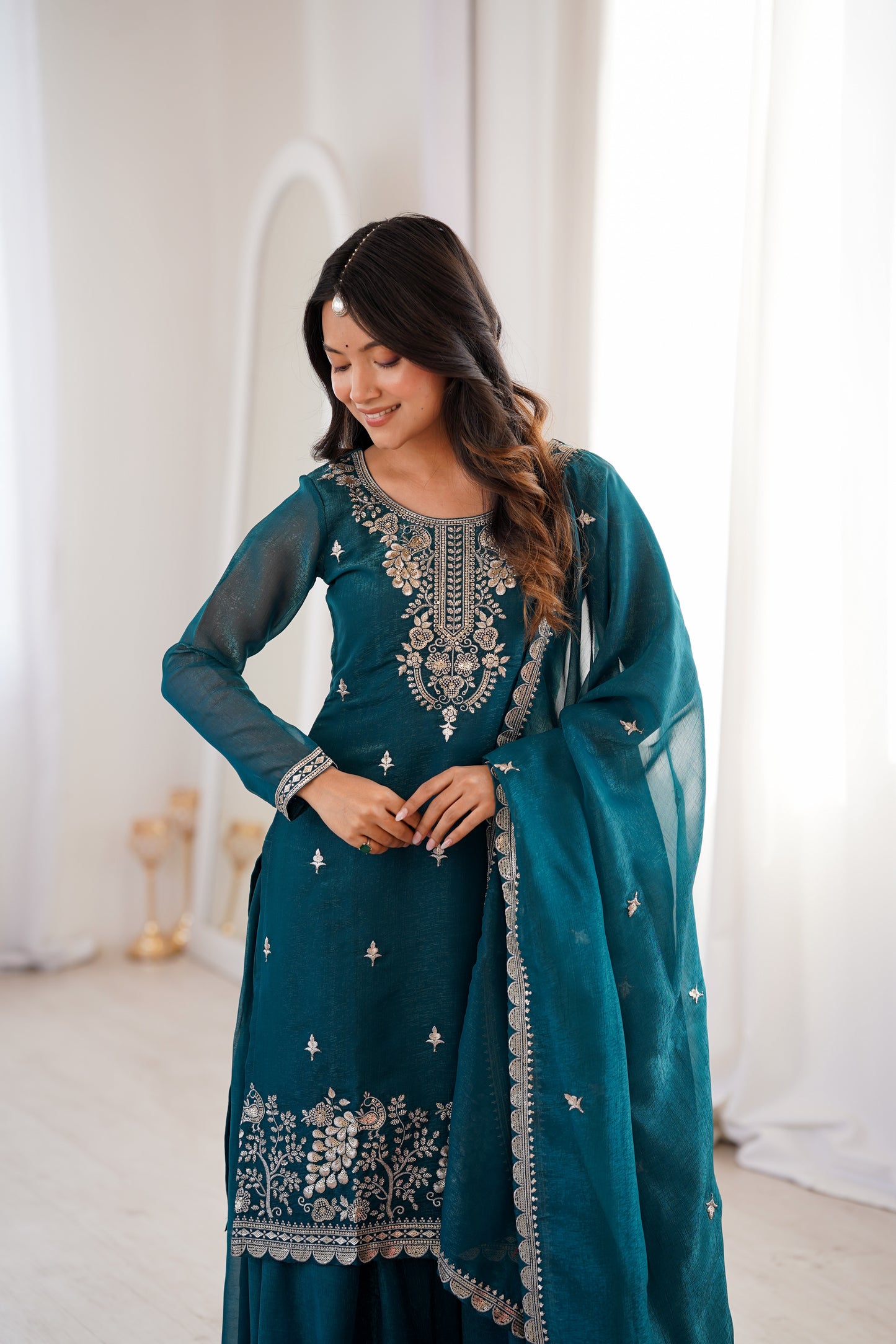 Embroidered Silk Kurta Palazzo Set with Dupatta