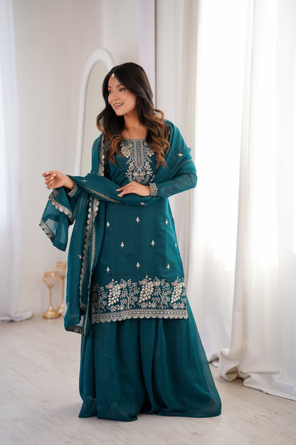 Embroidered Silk Kurta Palazzo Set with Dupatta