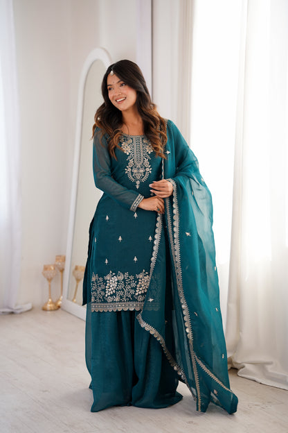 Embroidered Silk Kurta Palazzo Set with Dupatta