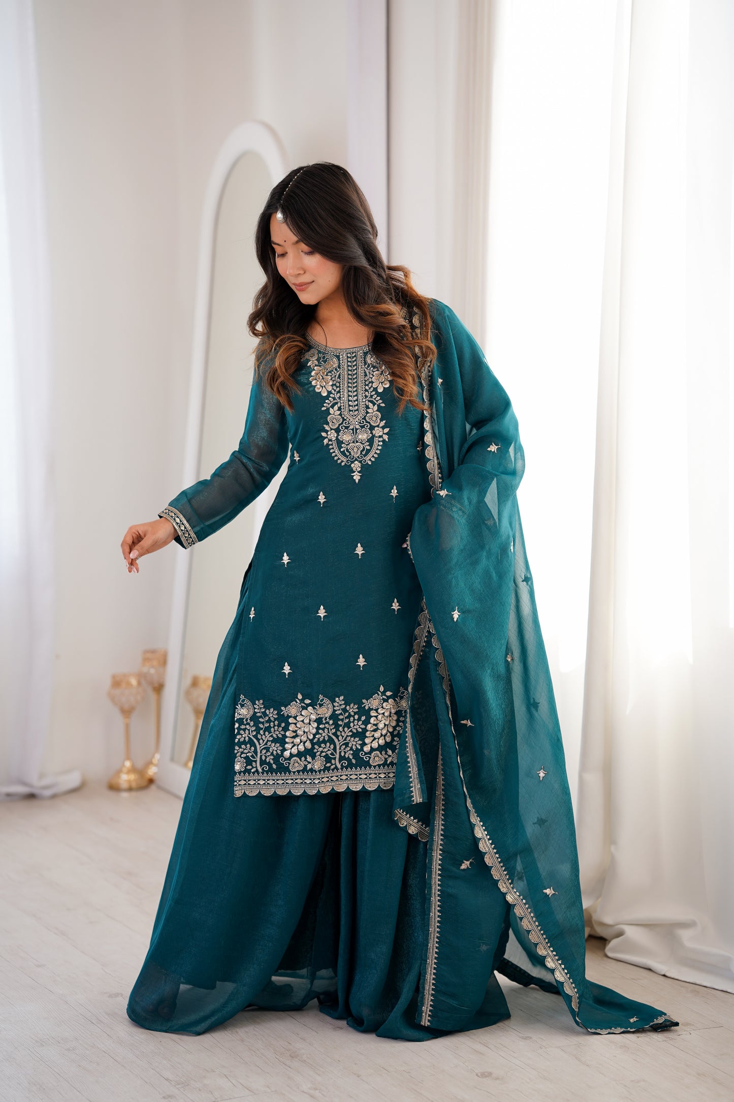 Embroidered Silk Kurta Palazzo Set with Dupatta
