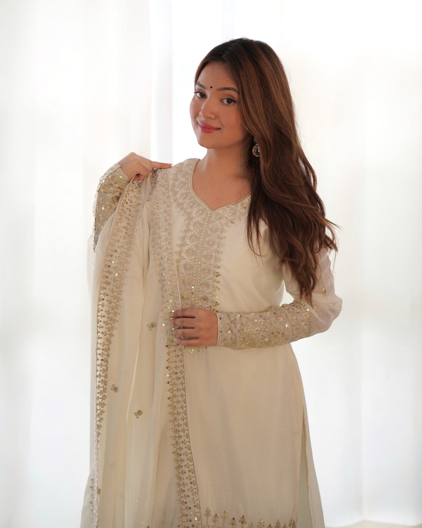 Ivory Chinon Silk Pakistani Suit Party Wear Salwar Kameez