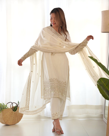 Ivory Chinon Silk Pakistani Suit Party Wear Salwar Kameez