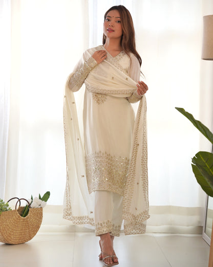 Ivory Chinon Silk Pakistani Suit Party Wear Salwar Kameez