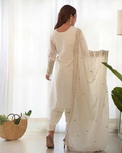 Ivory Chinon Silk Pakistani Suit Party Wear Salwar Kameez