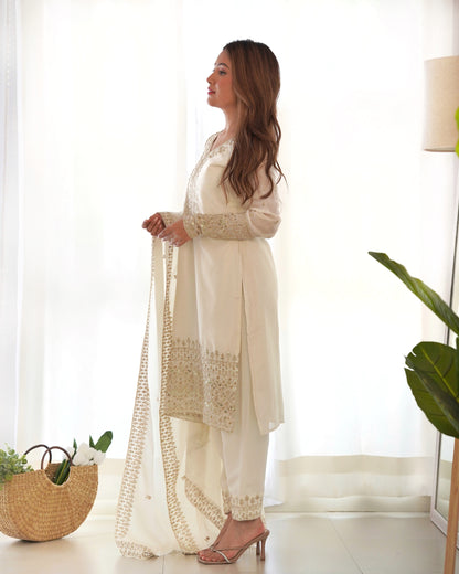 Ivory Chinon Silk Pakistani Suit Party Wear Salwar Kameez