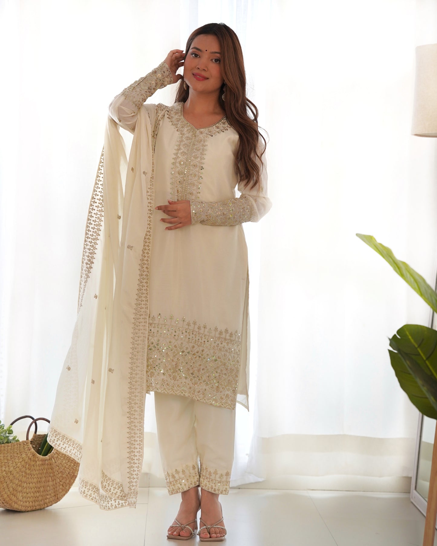 Ivory Chinon Silk Pakistani Suit Party Wear Salwar Kameez