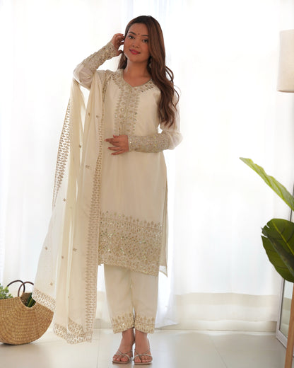 Ivory Chinon Silk Pakistani Suit Party Wear Salwar Kameez