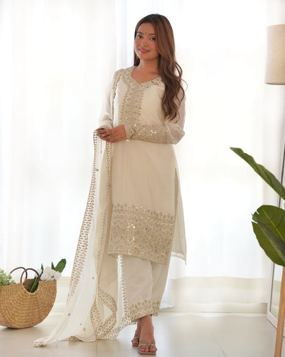 Ivory Chinon Silk Pakistani Suit Party Wear Salwar Kameez