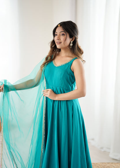 Rama Silk Chanderi Anarkali Suit for Women with Mirror Work