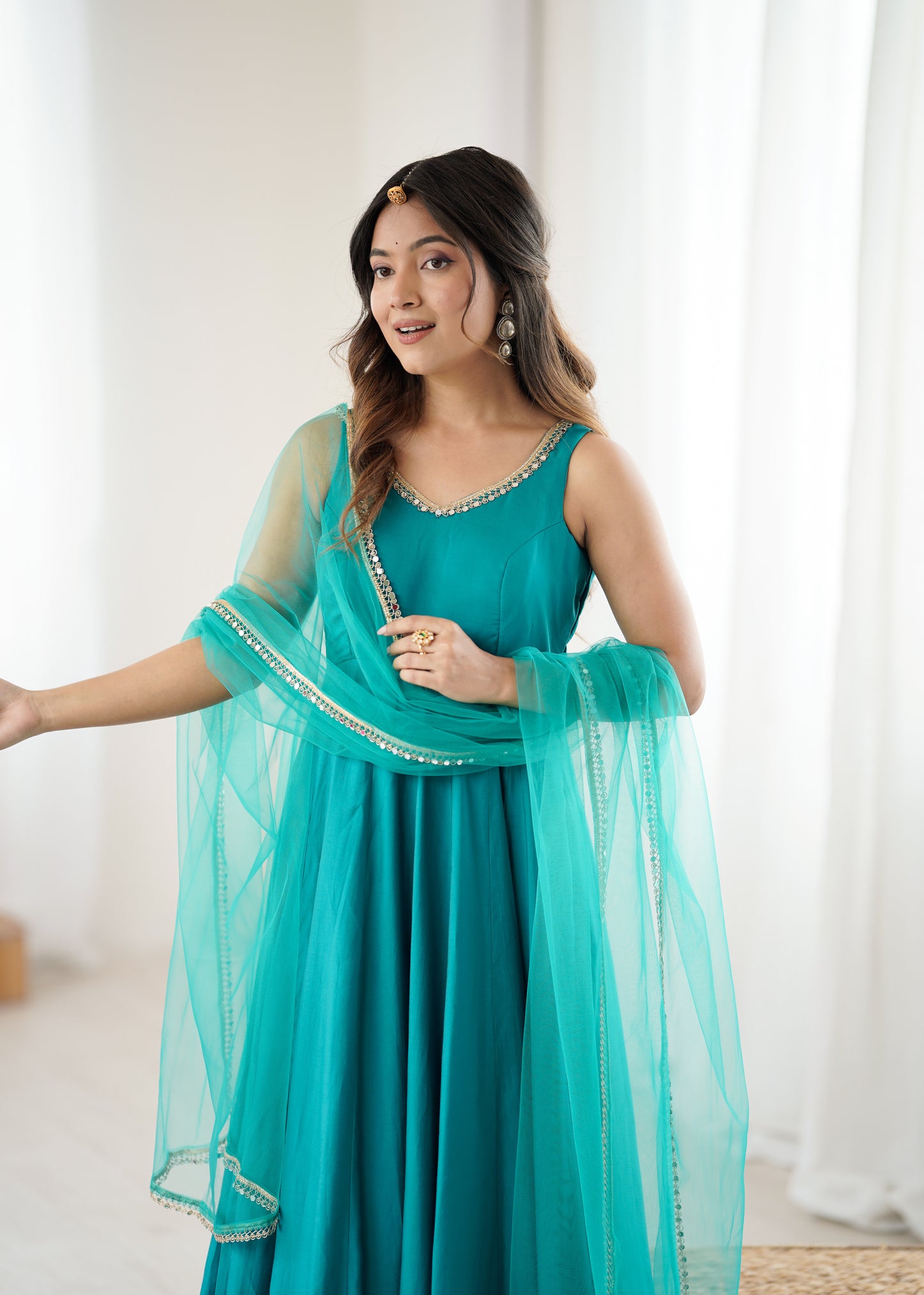 Rama Silk Chanderi Anarkali Suit for Women with Mirror Work