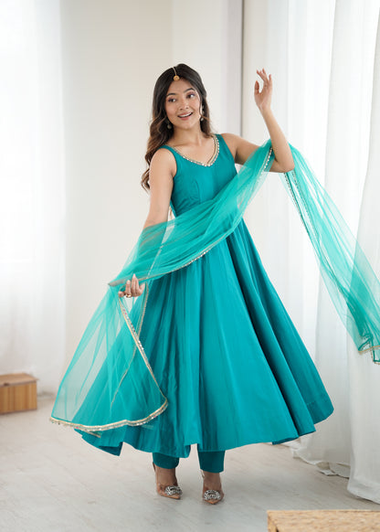 Rama Silk Chanderi Anarkali Suit for Women with Mirror Work