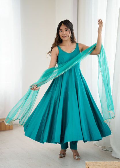 Rama Silk Chanderi Anarkali Suit for Women with Mirror Work