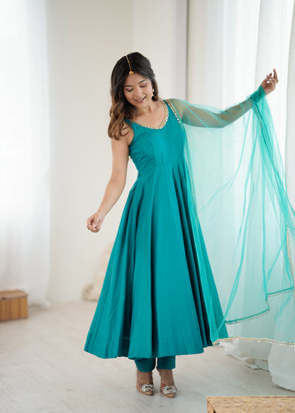 Rama Silk Chanderi Anarkali Suit for Women with Mirror Work