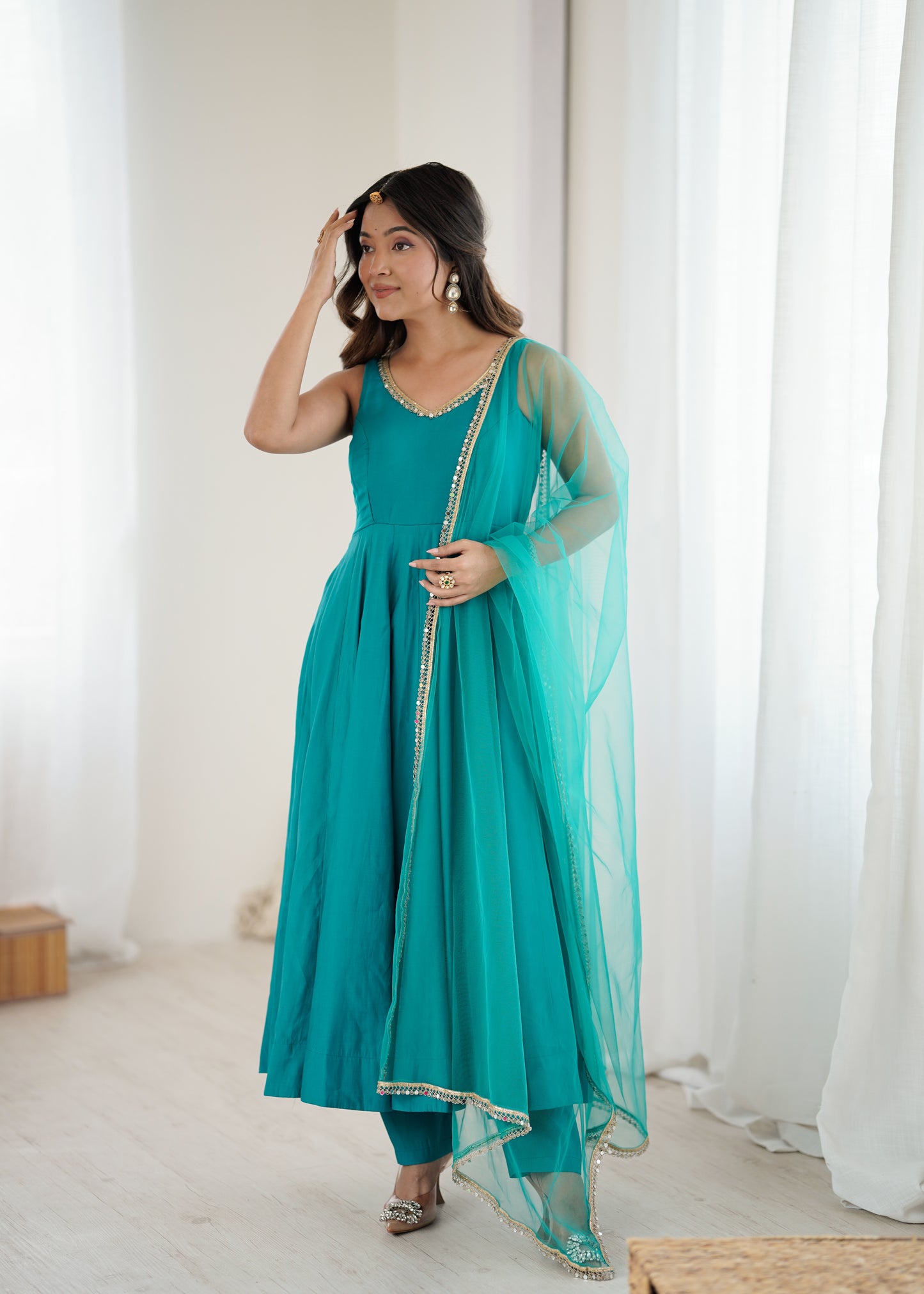 Rama Silk Chanderi Anarkali Suit for Women with Mirror Work