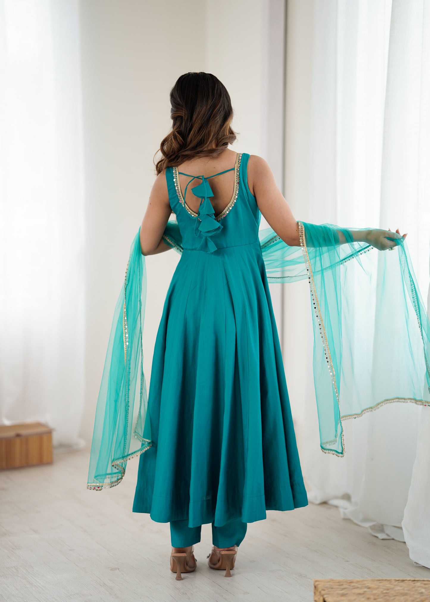 Rama Silk Chanderi Anarkali Suit for Women with Mirror Work