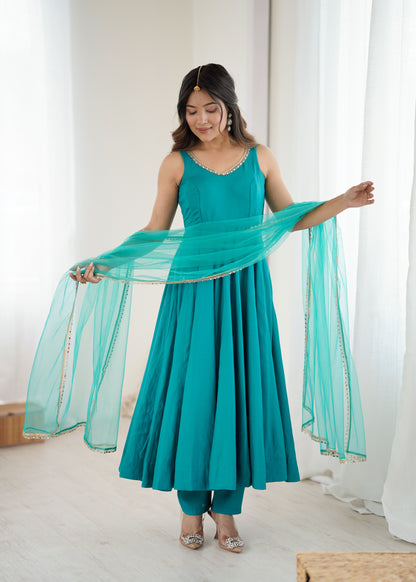 Rama Silk Chanderi Anarkali Suit for Women with Mirror Work