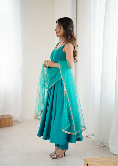 Rama Silk Chanderi Anarkali Suit for Women with Mirror Work