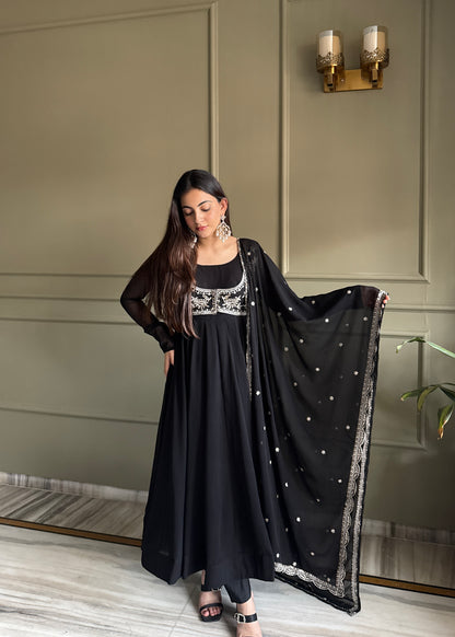 Black Georgette Anarkali Suit with Embroidered Koti