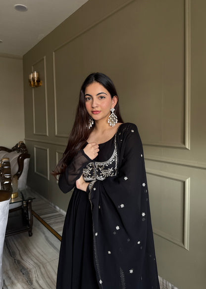 Black Georgette Anarkali Suit with Embroidered Koti