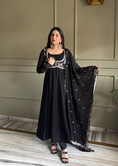 Black Georgette Anarkali Suit with Embroidered Koti