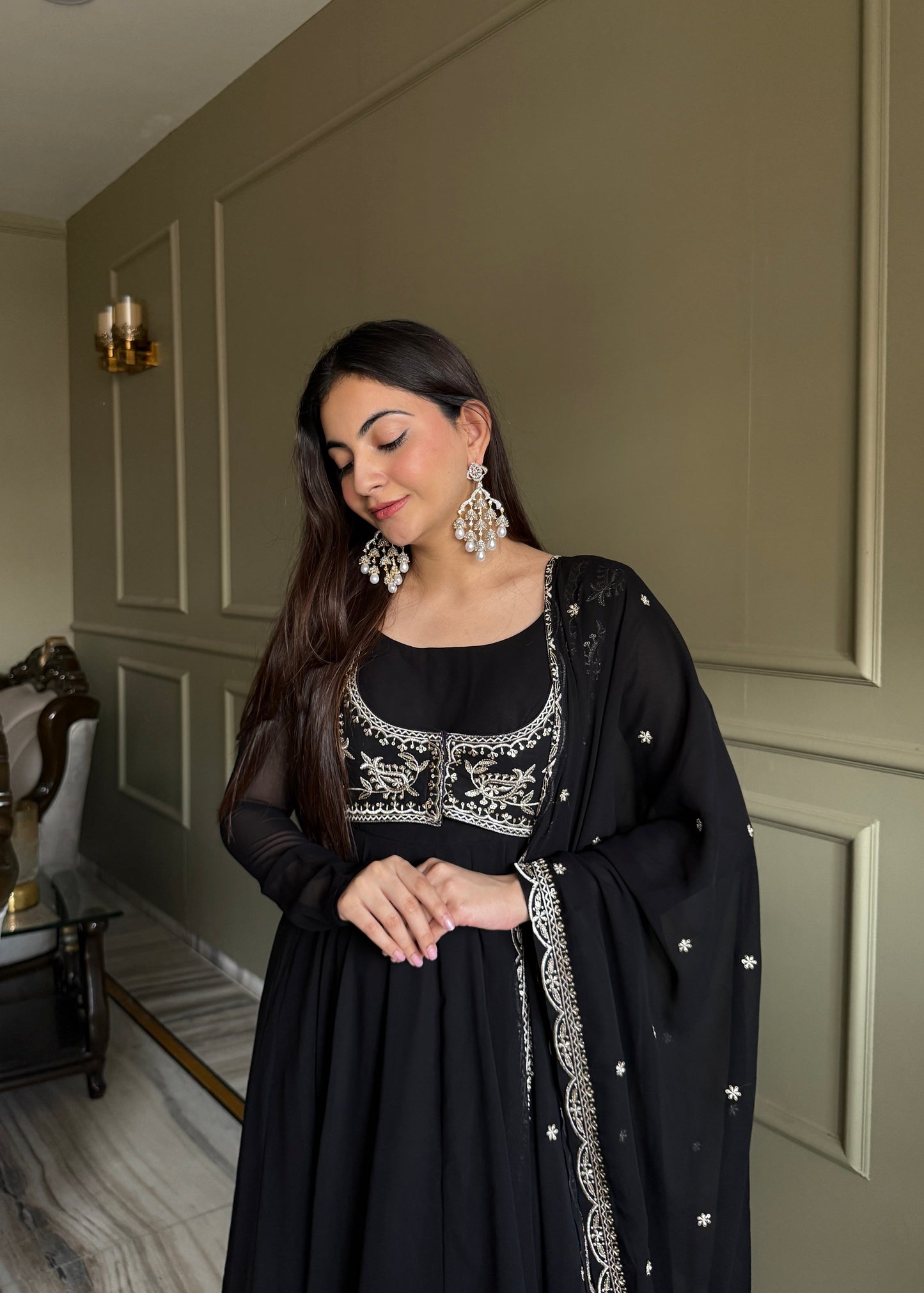 Black Georgette Anarkali Suit with Embroidered Koti