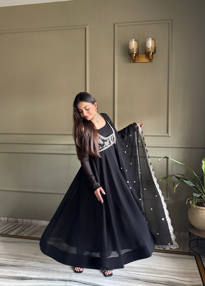 Black Georgette Anarkali Suit with Embroidered Koti