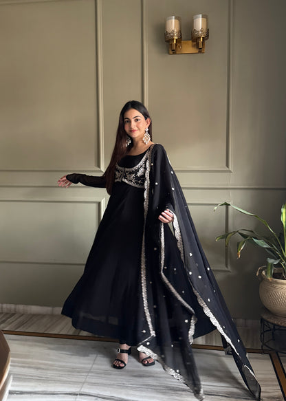 Black Georgette Anarkali Suit with Embroidered Koti