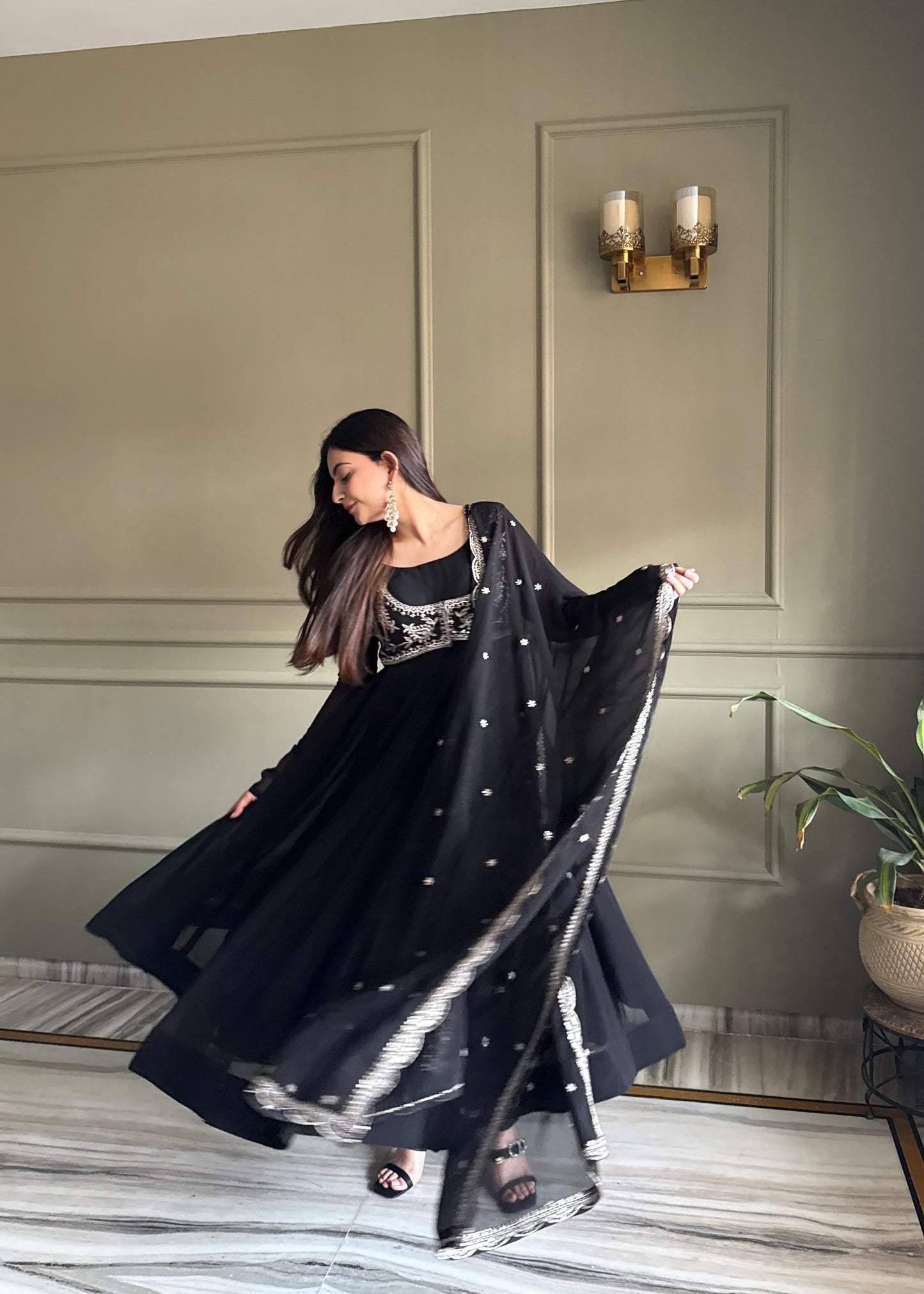 Black Georgette Anarkali Suit with Embroidered Koti