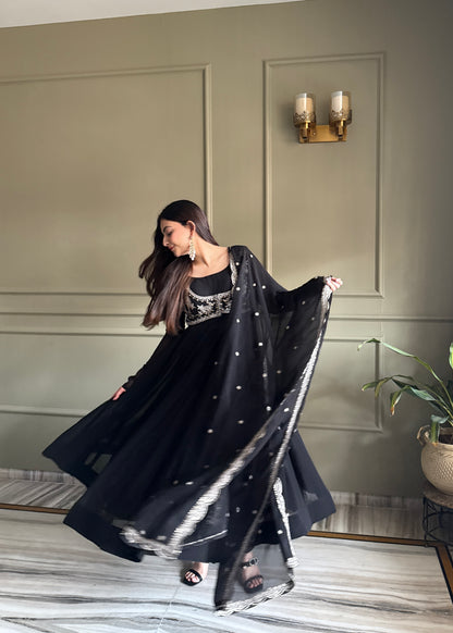 Black Georgette Anarkali Suit with Embroidered Koti