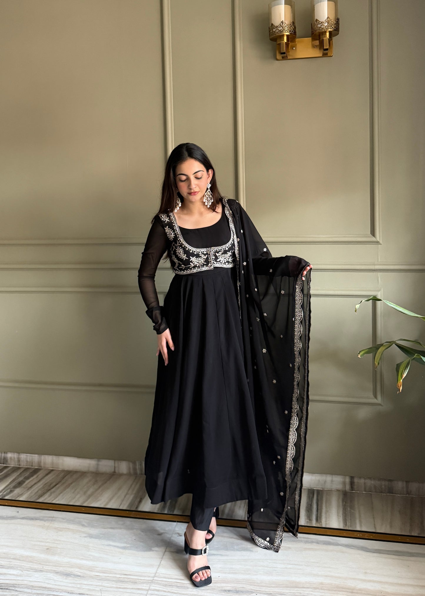 Black Georgette Anarkali Suit with Embroidered Koti