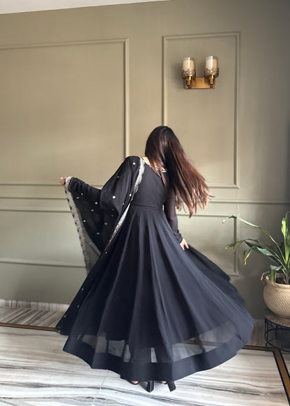 Black Georgette Anarkali Suit with Embroidered Koti