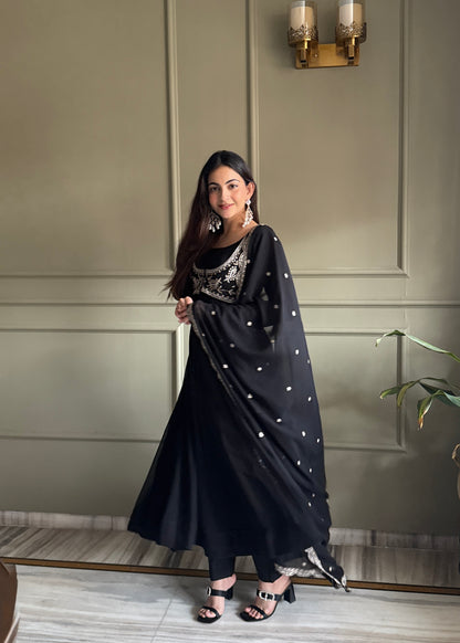 Black Georgette Anarkali Suit with Embroidered Koti