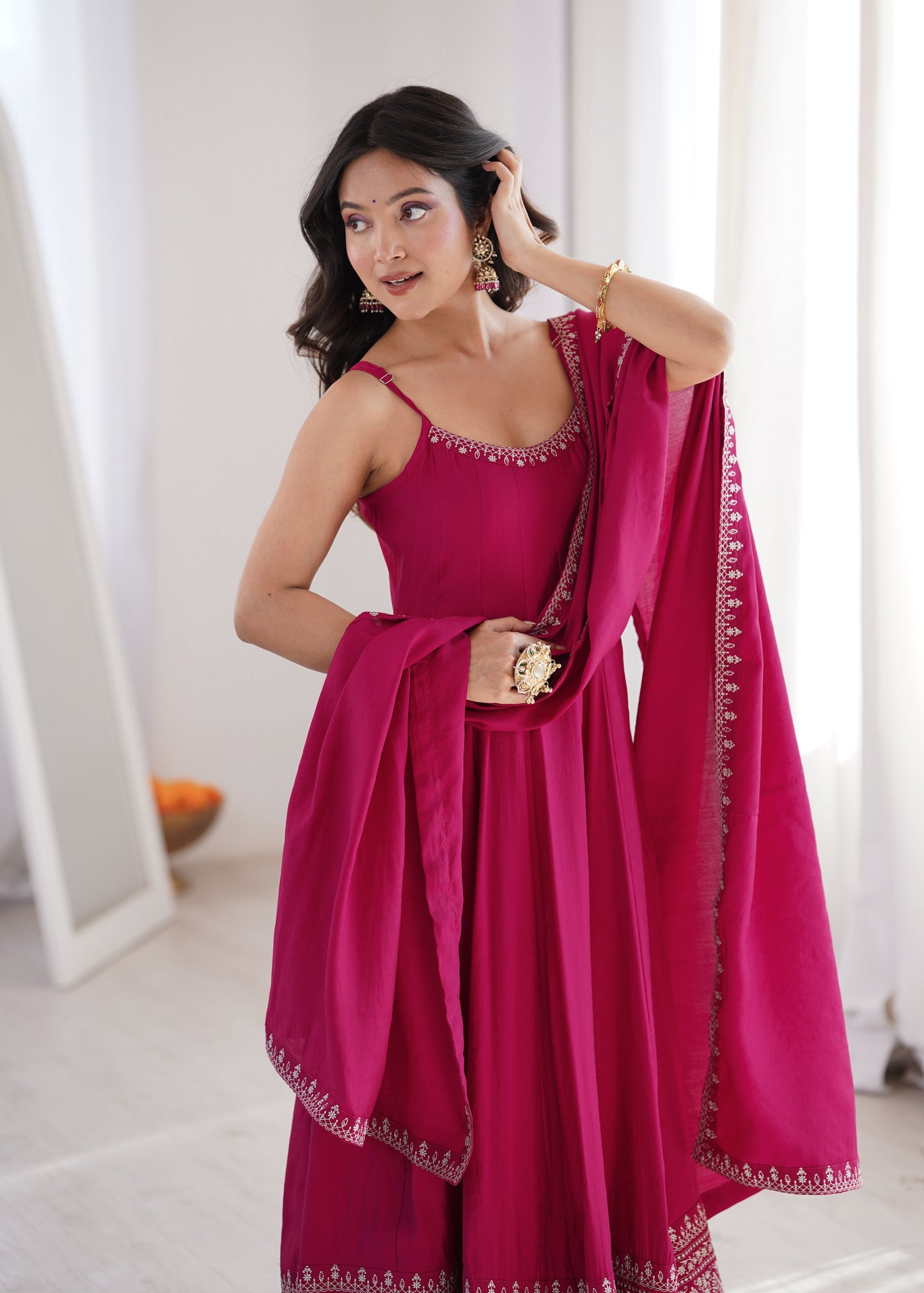 Pink Romansilk Chanderi Anarkali Suit for Women with Dupatta Set