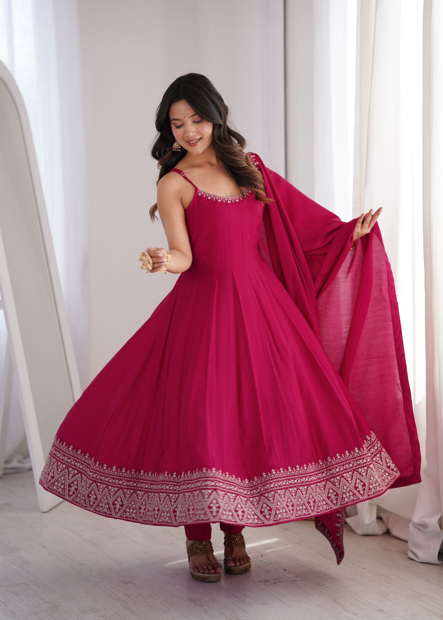 Pink Romansilk Chanderi Anarkali Suit for Women with Dupatta Set