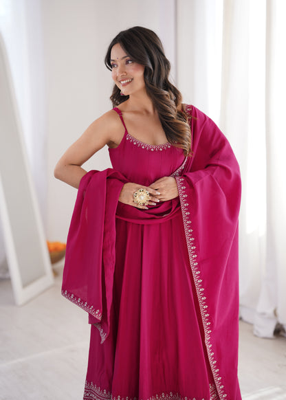 Pink Romansilk Chanderi Anarkali Suit for Women with Dupatta Set