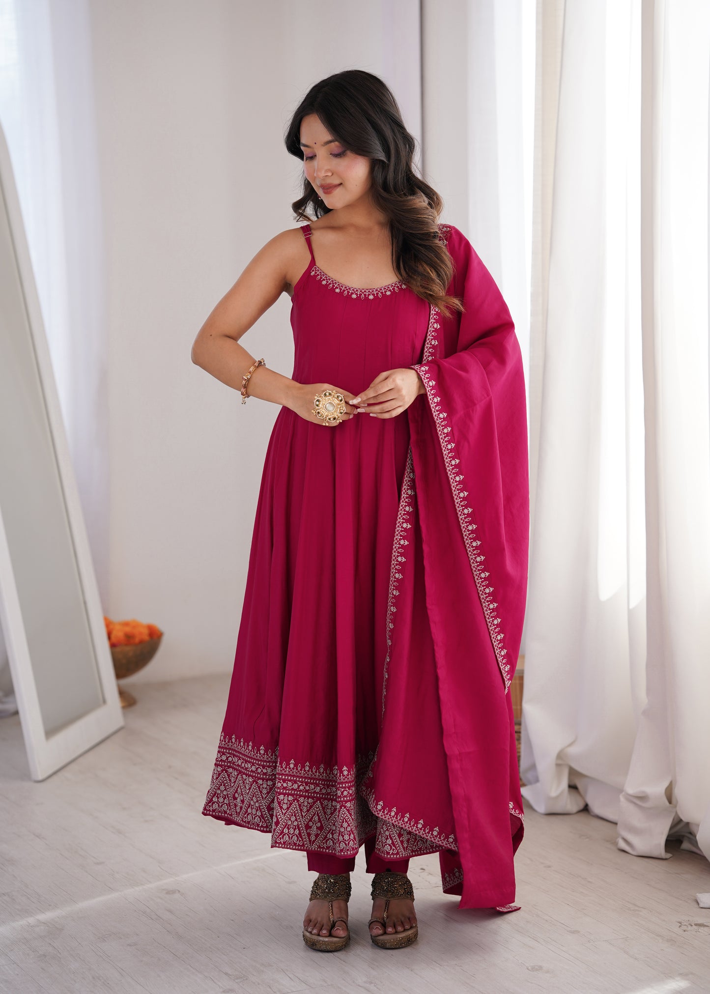 Pink Romansilk Chanderi Anarkali Suit for Women with Dupatta Set