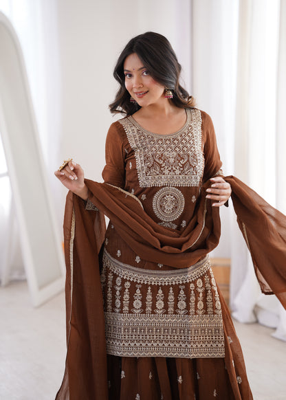 Coffee Brown Crunchy Silk Sharara Suit for Women Party Wear