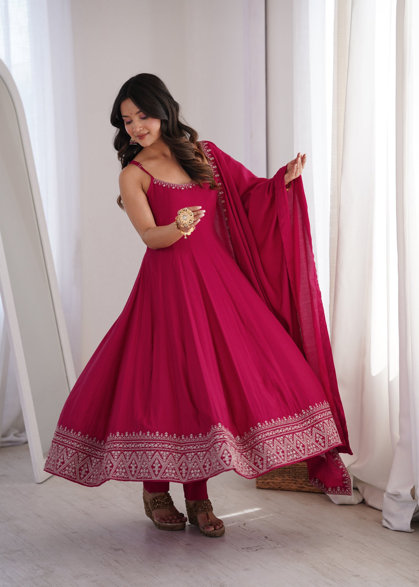 Pink Romansilk Chanderi Anarkali Suit for Women with Dupatta Set