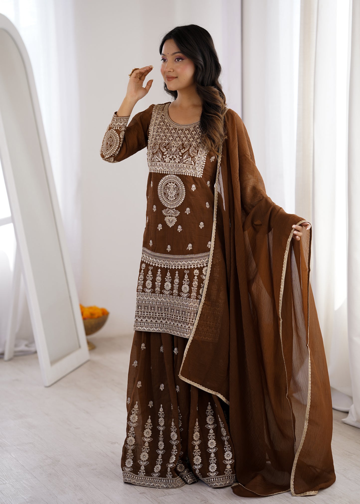 Coffee Brown Crunchy Silk Sharara Suit for Women Party Wear