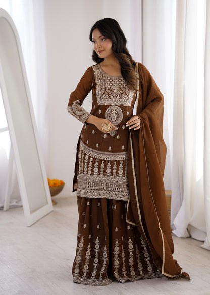 Coffee Brown Crunchy Silk Sharara Suit for Women Party Wear
