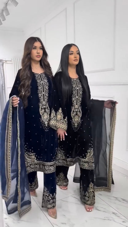 Dark Blue Velvet Pakistani Suit Party Wear Salwar Kameez