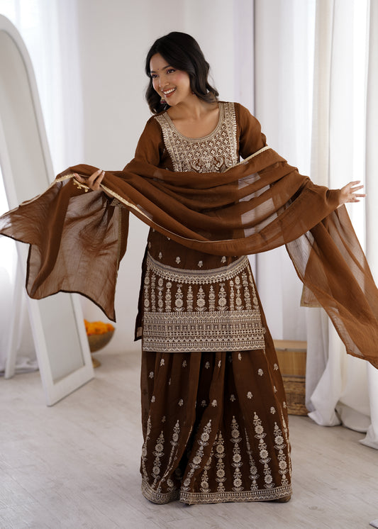 Coffee Brown Crunchy Silk Sharara Suit for Women Party Wear