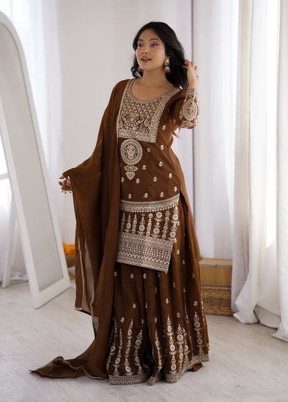 Coffee Brown Crunchy Silk Sharara Suit for Women Party Wear