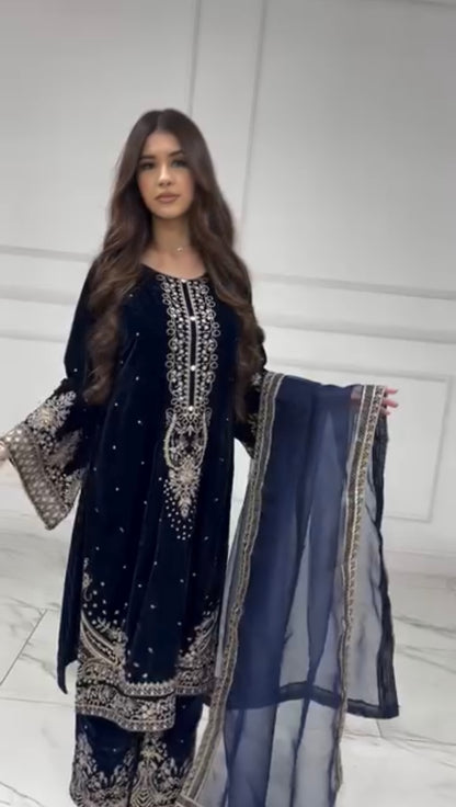 Dark Blue Velvet Pakistani Suit Party Wear Salwar Kameez