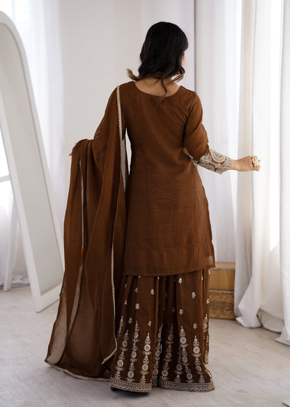 Coffee Brown Crunchy Silk Sharara Suit for Women Party Wear