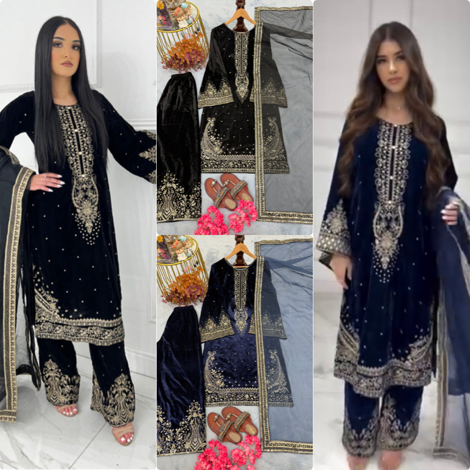 Dark Blue Velvet Pakistani Suit Party Wear Salwar Kameez