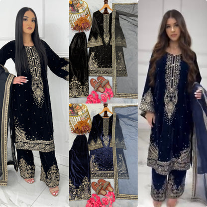 Dark Blue Velvet Pakistani Suit Party Wear Salwar Kameez
